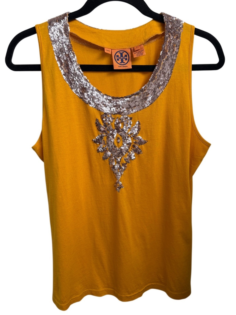 Vintage Tory Burch Mustard Yellow Sequin 100% Cotton Scoop Neck Tank Large